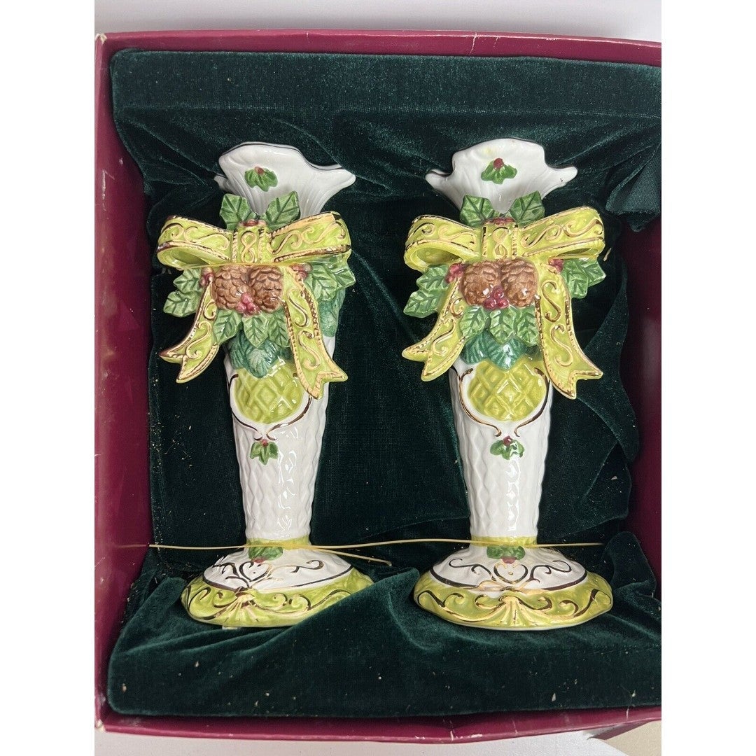 Classic Traditions Kmart Candle Stick Holders 24K Gold Accent Holly Pine Cones
