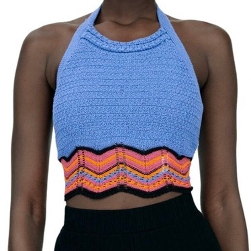 Zara Crochet Knit Blue Coral Open Back Halter Crop Top Size Small