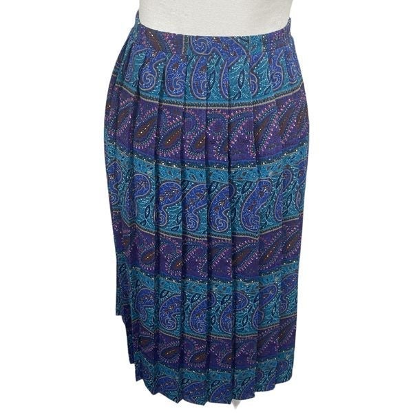Vintage Leslie Fay Blue Purple Paisley Pleated Midi Skirt Size 14WP