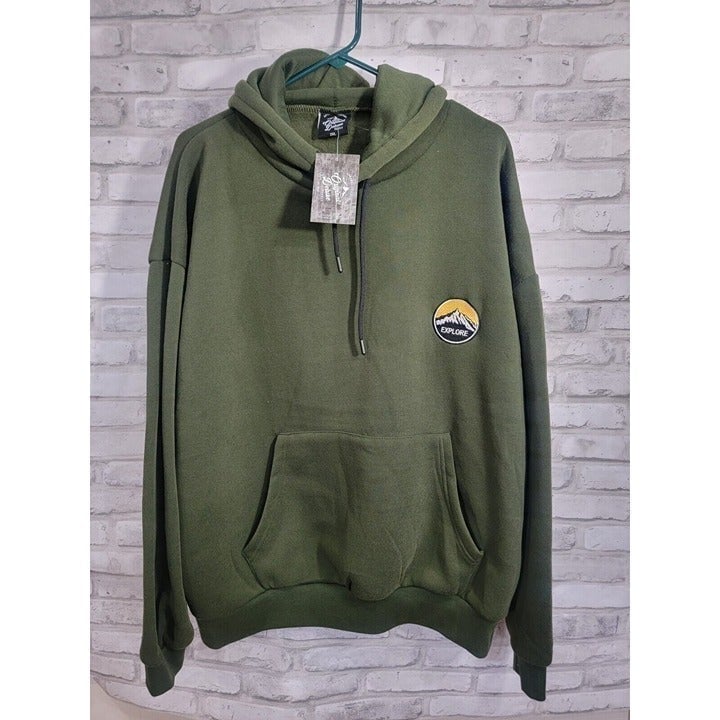 Men 2XL Green Pullover Hoodie Green Explore Embroidered Patch Fleece NEW 39.99