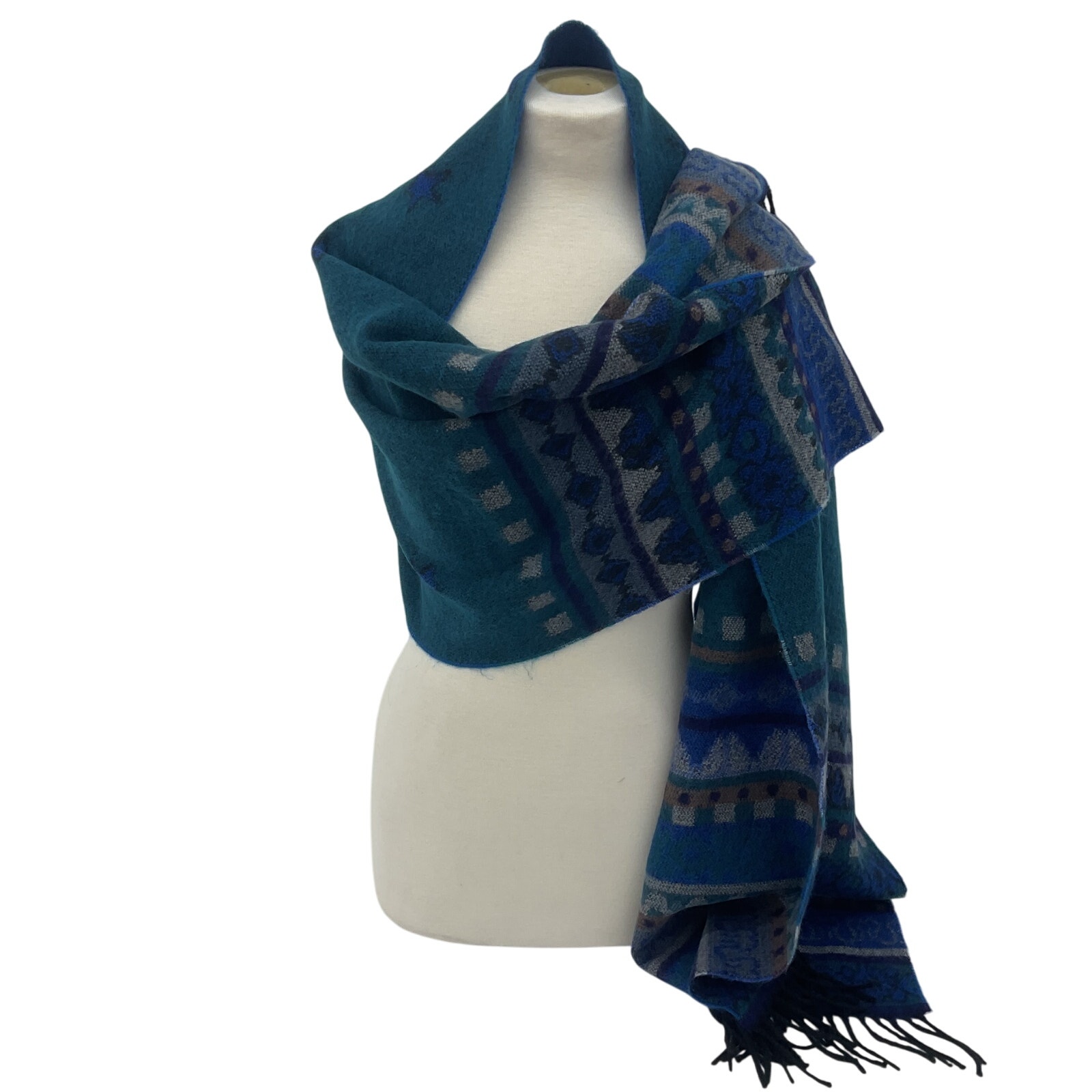 Preowned Unisex Knit Fair Isle Warm Blue & Purple Acrylic Scarf - Made in Italy