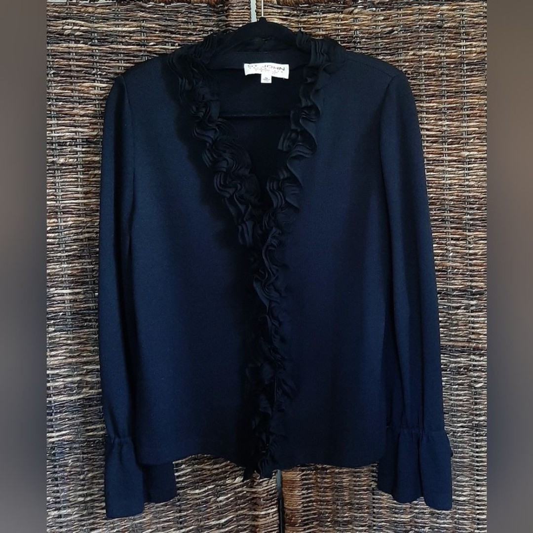 St. John Essentials by Marie Gray Cardigan Sweater 14 Black Santana Knit Ruffles