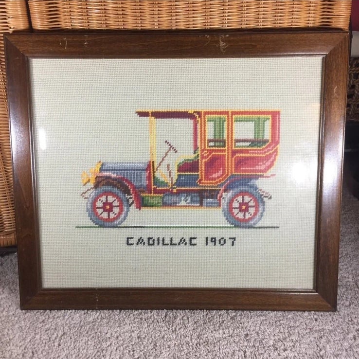 Vintage Cadillac 1907 crossstitch needlepoint handmade framed art artwork cars