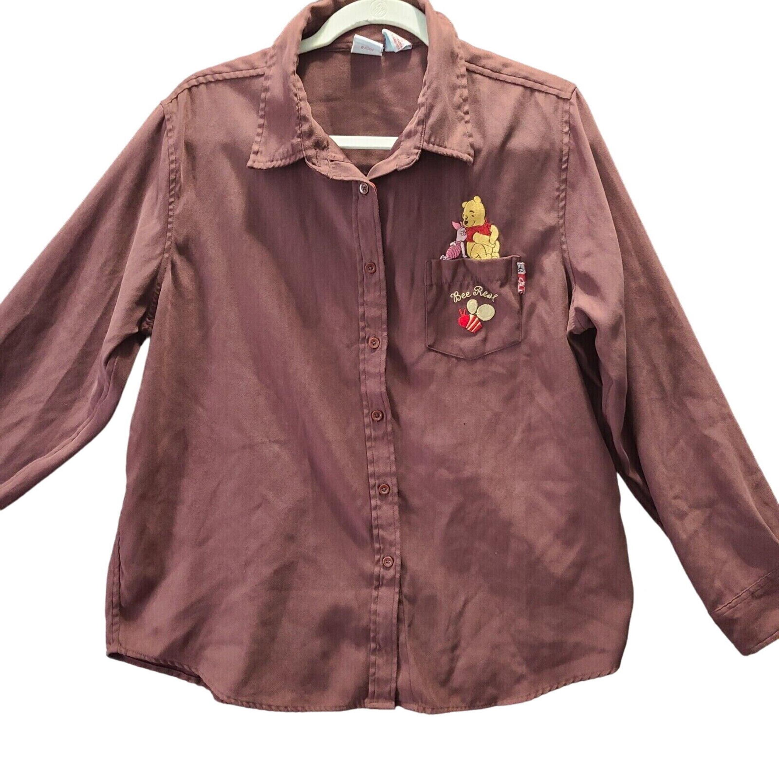 Disney Womens Button Up Blouse Red Size XL 100% Polyester Long Sleeve Pooh