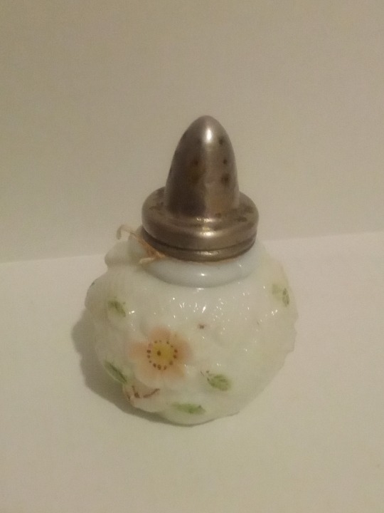 Antique EAPG Milk Glass Cherry Blossom Painted Shaker