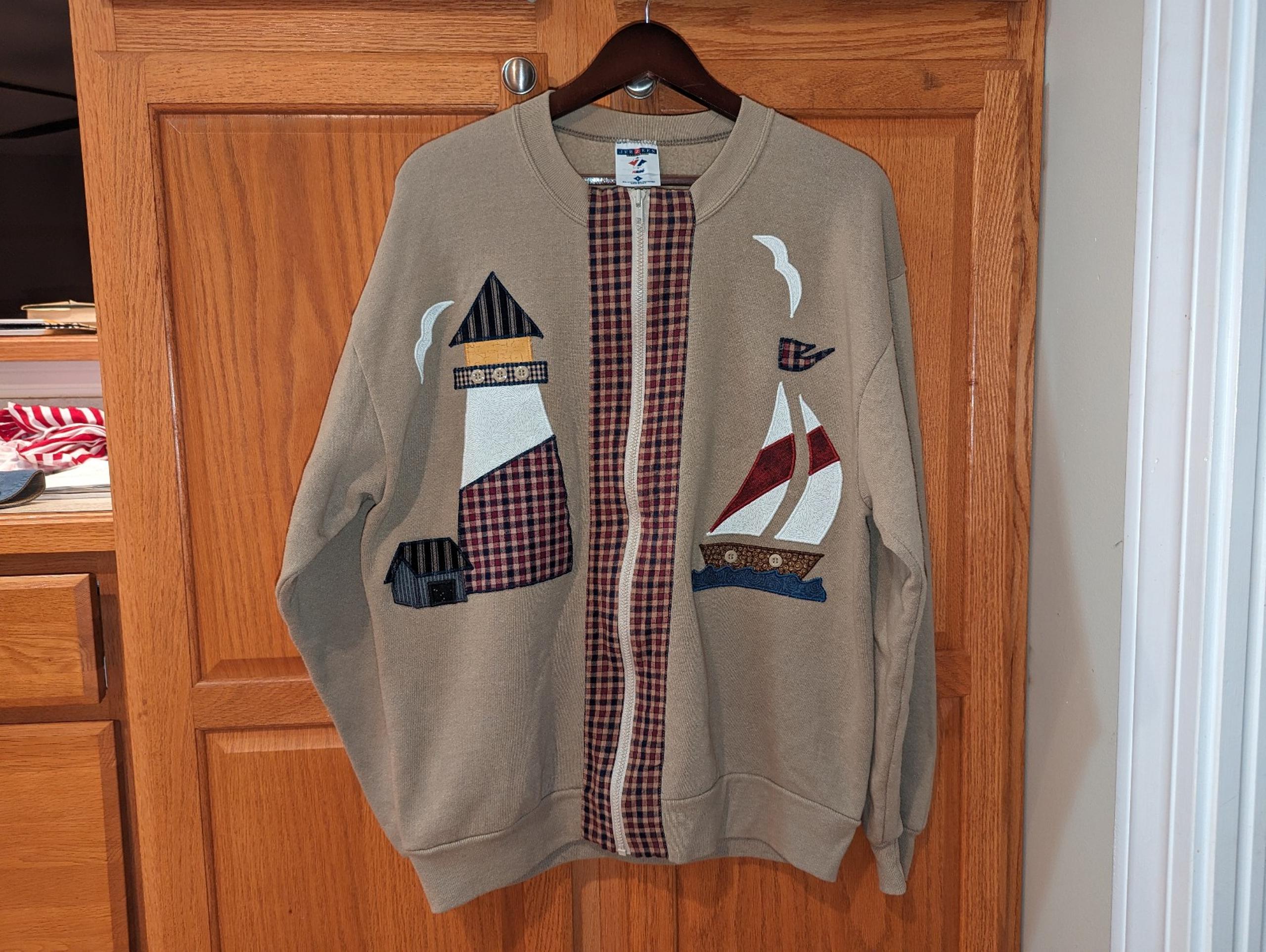 Vintage Jerzees Lighthouse Boat brown Applique men size L Full Zip Sweatshirt