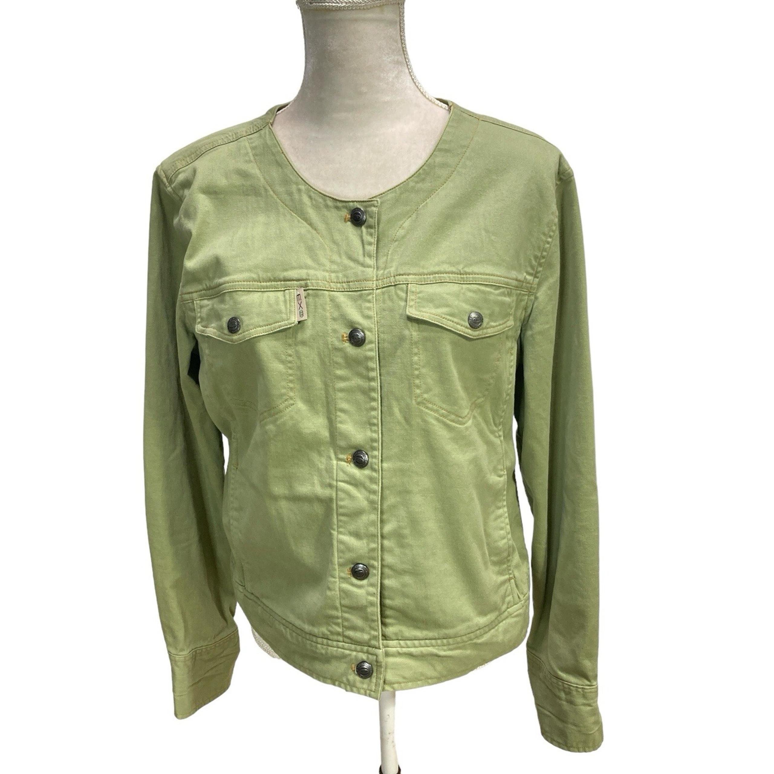 ExOfficio Denim Jacket Green Women's Large Inside Pockets Button Up Trucker