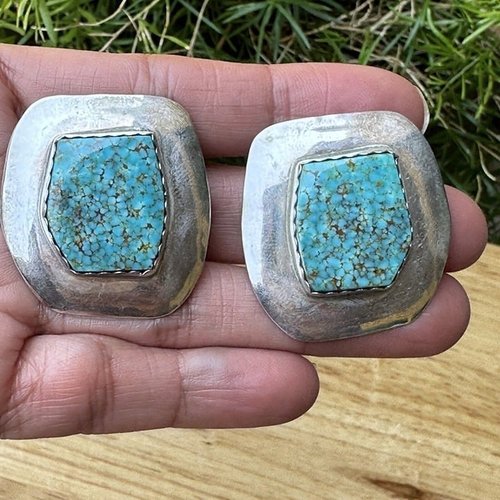 VTG Patricia Platero Navajo Sterling Silver Earrings Turquoise Cab Clip-On 19.1g