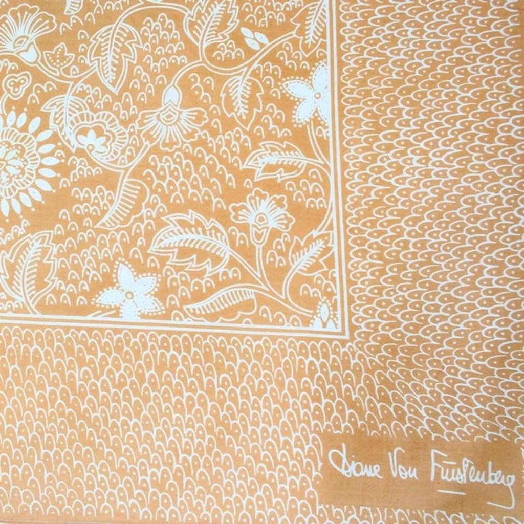Diane Von Furstenberg vintage scarf preppy floral summer tan beige white cotton