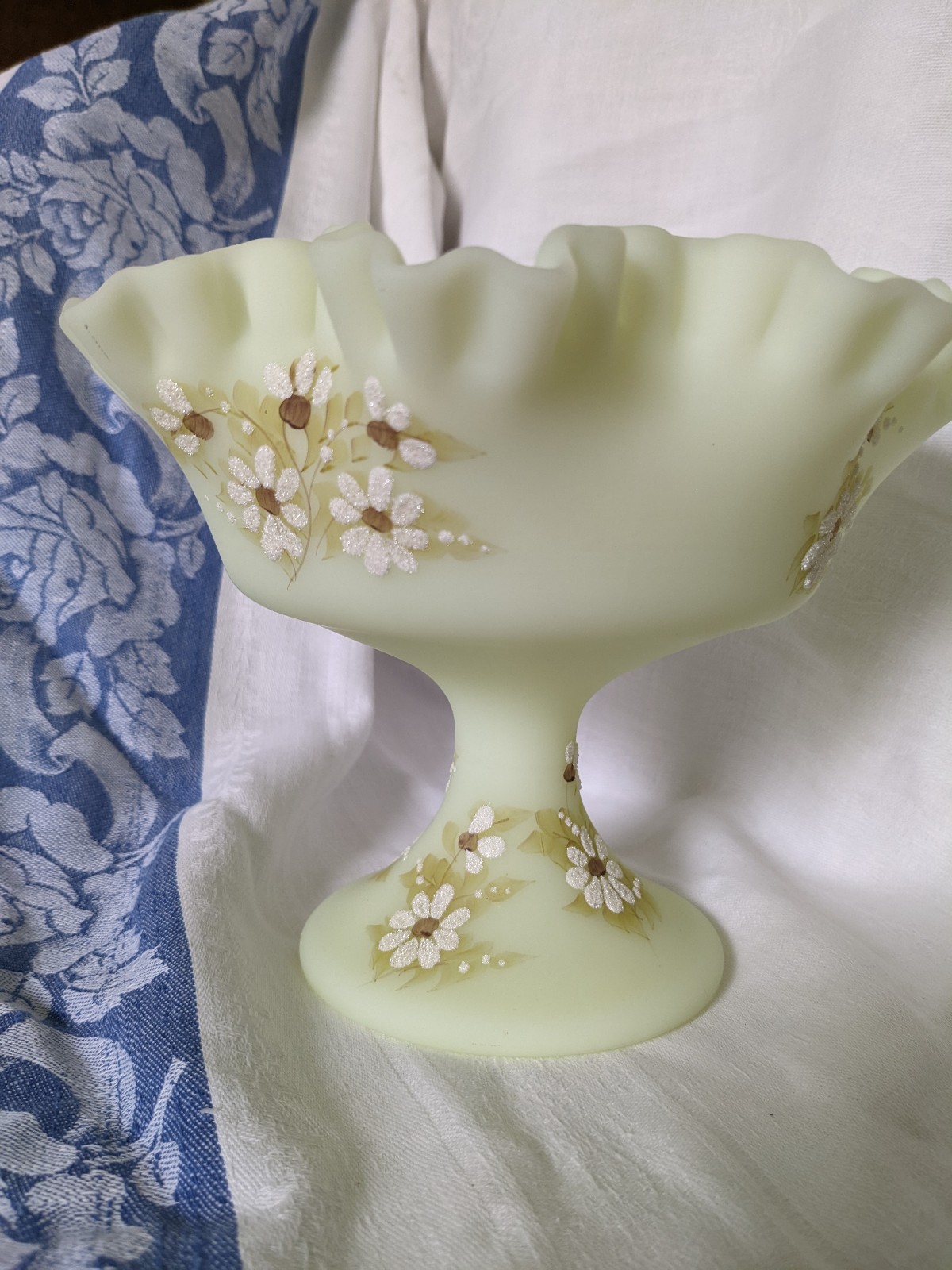 Fenton Signed Hand Painted Daisies Satin Ruffle Compote
