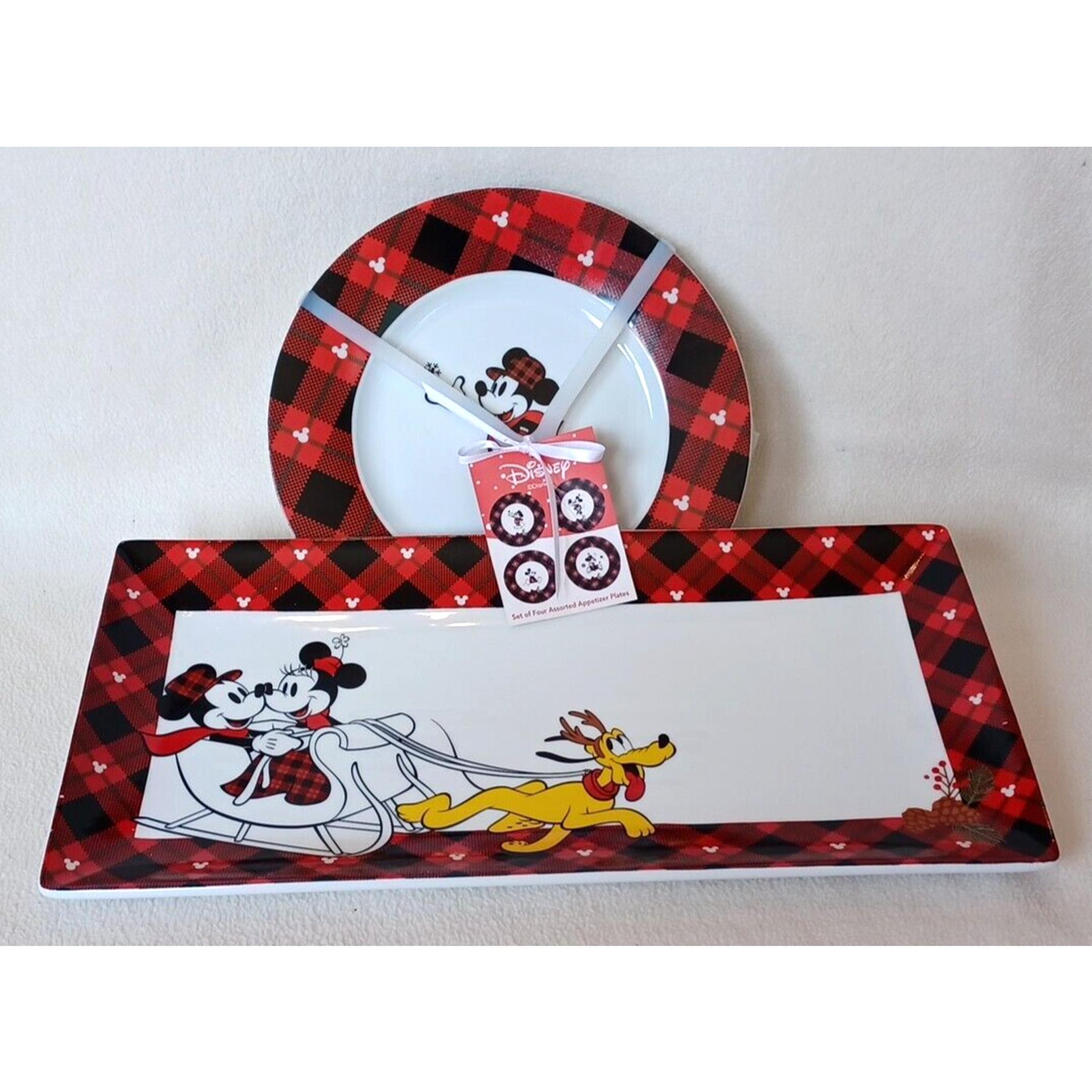 Disney Holiday Red & Black Plaid Mickey/Minnie/Pluto Appetizer Plates & Platter