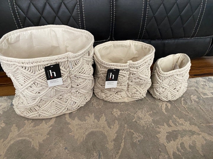 SET OF 3 HOME EXPRESSIONS WOVEN MACRAME STORAGE BASKETS