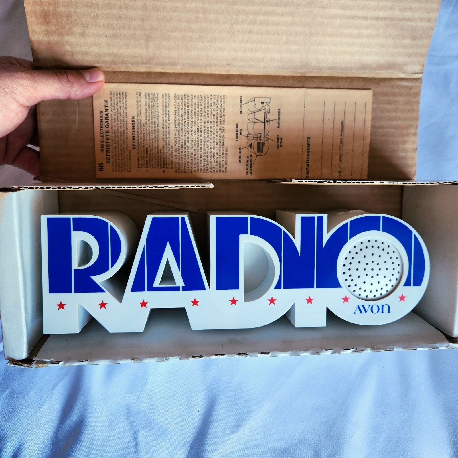 Vintage 1976 Avon Portable Transistor AM/FM Radio White Blue in Box Works Great!