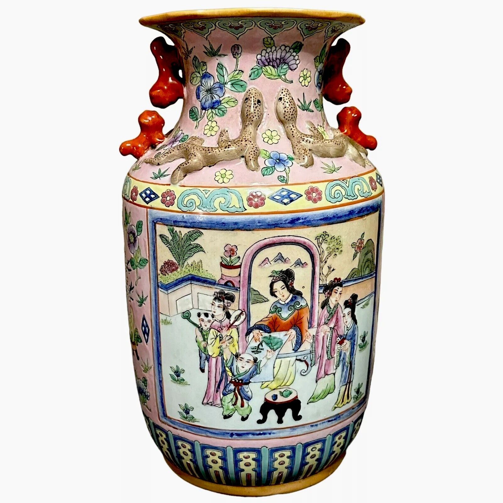 Vintage Chinese Hand Painted Porcelain Vase Embossed Asian Jar 14.25” Salamander
