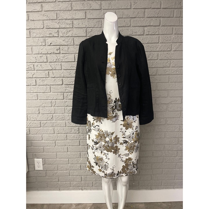 Eileen Fisher Women 100% Irish Linen Black Mandarin Collar Jacket Size S