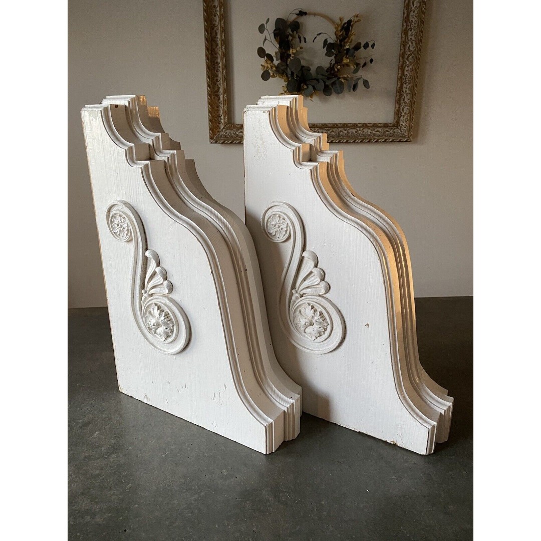 Pair Antique Wood Corbels Architectural Salvage White Scroll 18.5x12.5x4.5” Chic