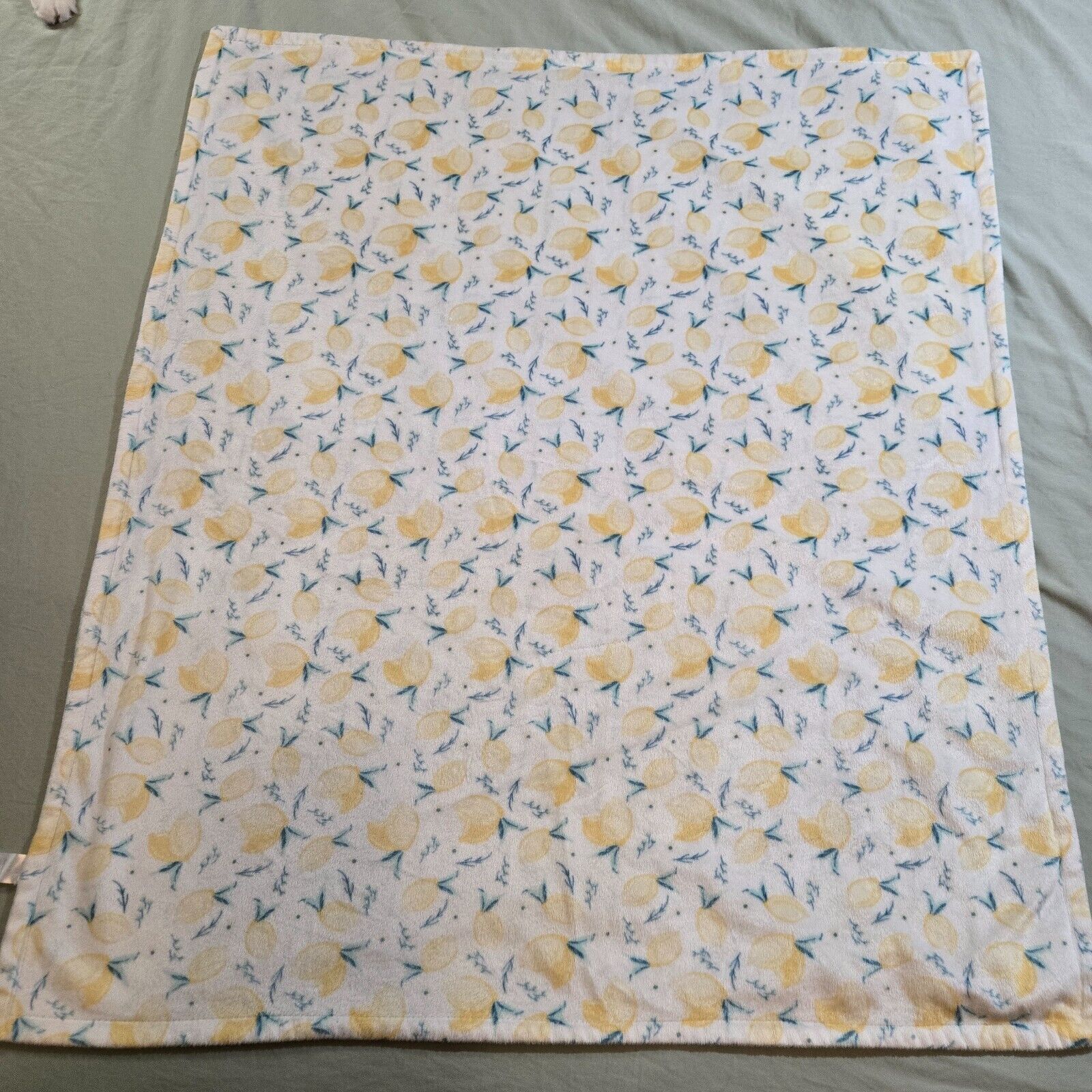 Modern Baby Lemon Teal Blanket Reversible Fruit White Polkadot Blue Plush 34x29