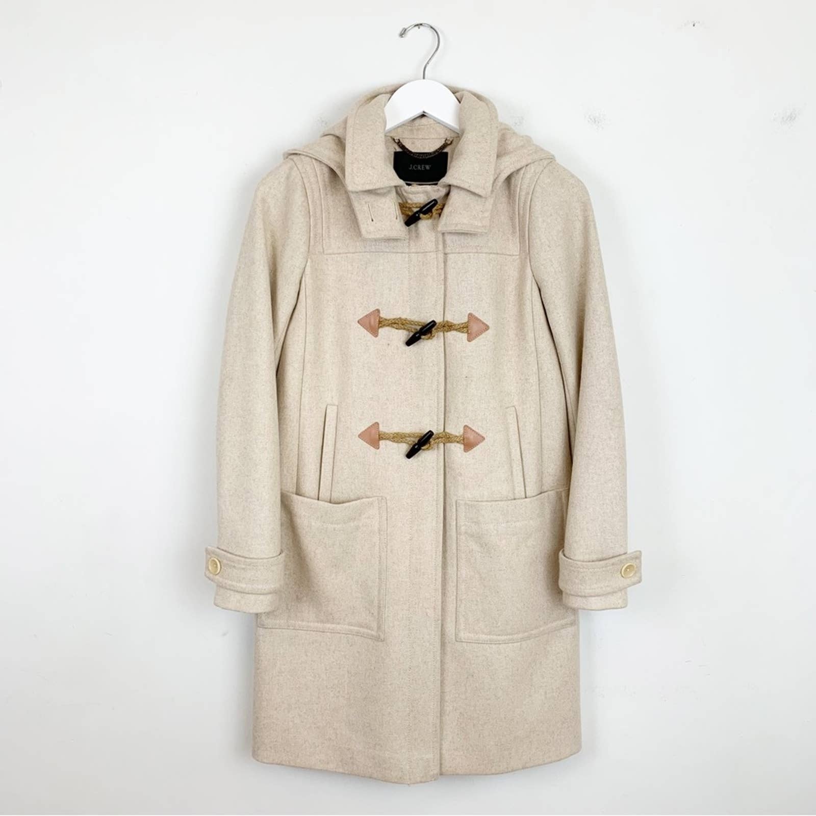 J. CREW Italian Melton Wool Duffle Coat Tan Cream Toggle & Zipper Hooded SIZE 0