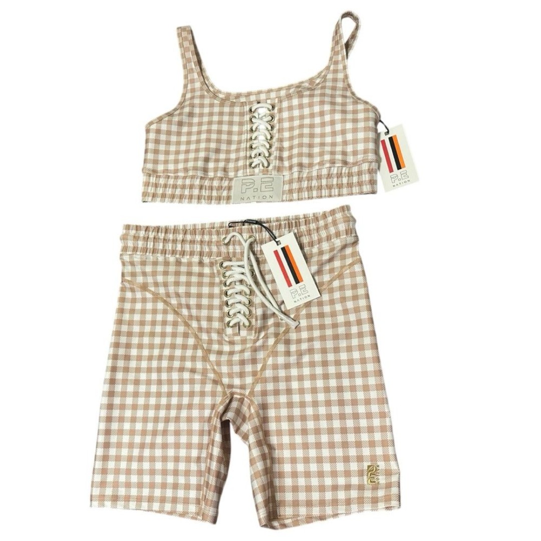 P.E. Nation Women’s Extra Time Sport Bra and Short Pilates Yoga Set Plaid New XL