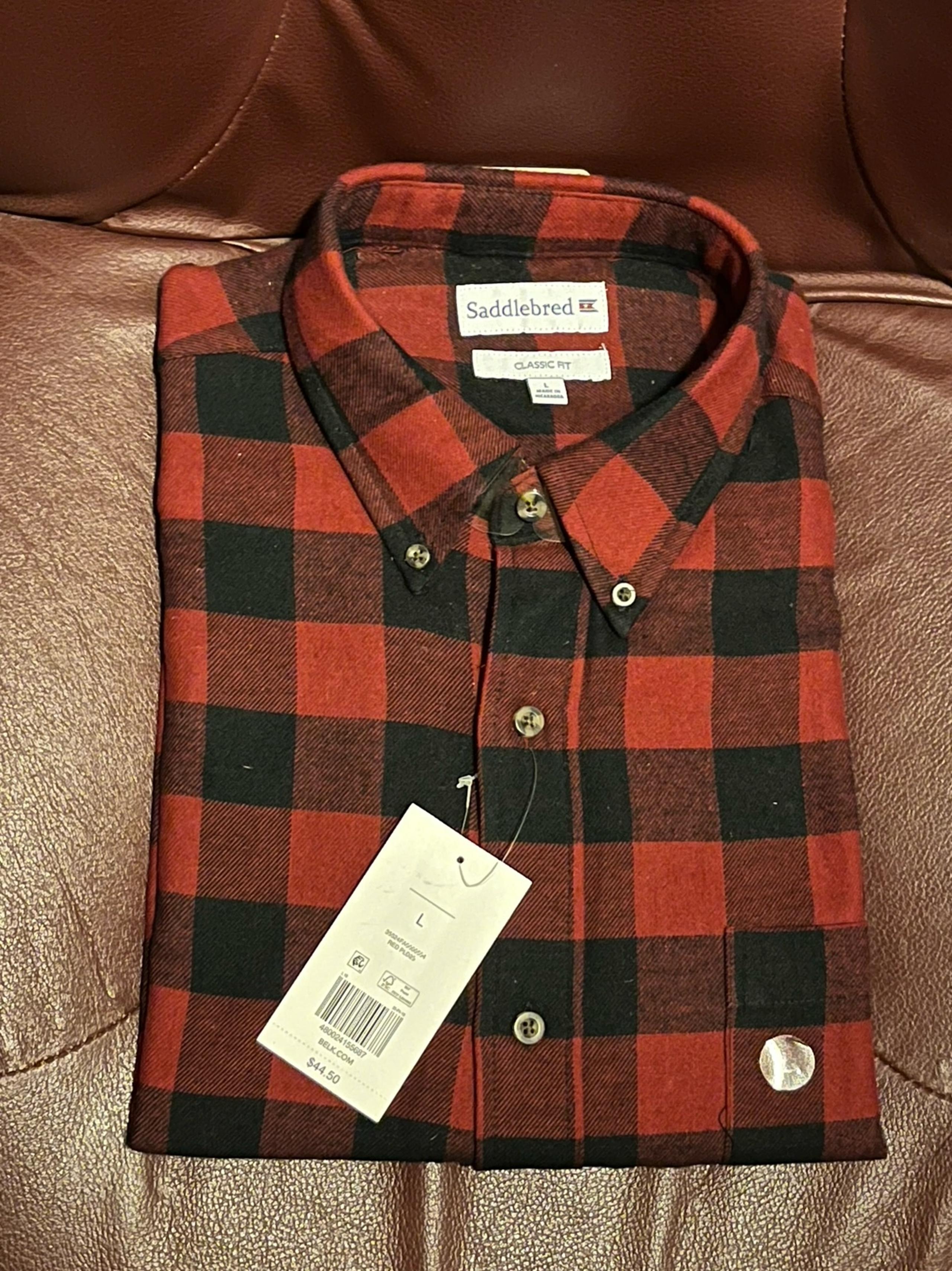 Saddlebred Men’s L Flannel Button front Shirt Red Black buffalo plaid NWT