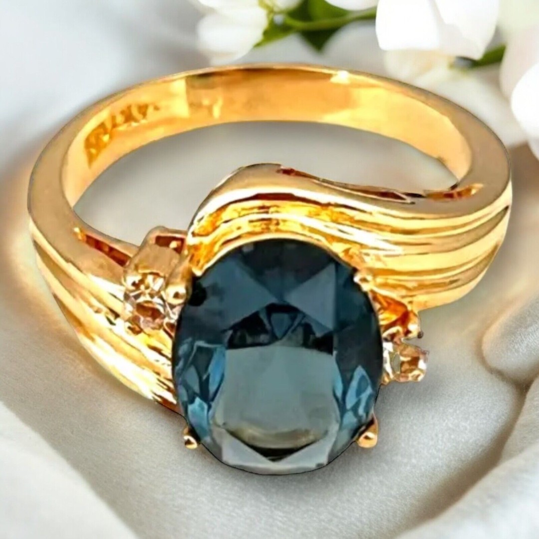 Vintage Ring Size 7 Blue Austrian Crystal Accents 14K Gold Plate Mid-Century 14E