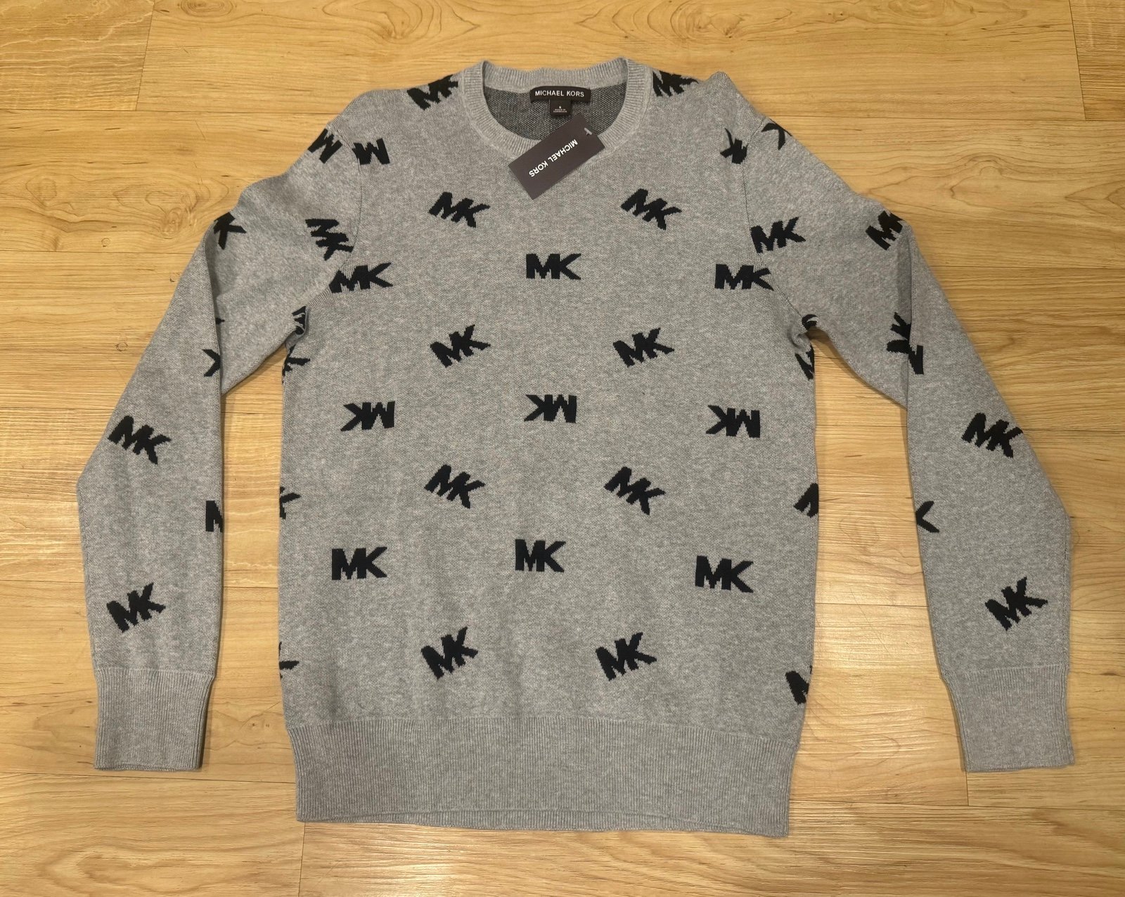 Michael Kors Men’s All Over Print MK Logo Pullover Crewneck Sweater NWT Gray L