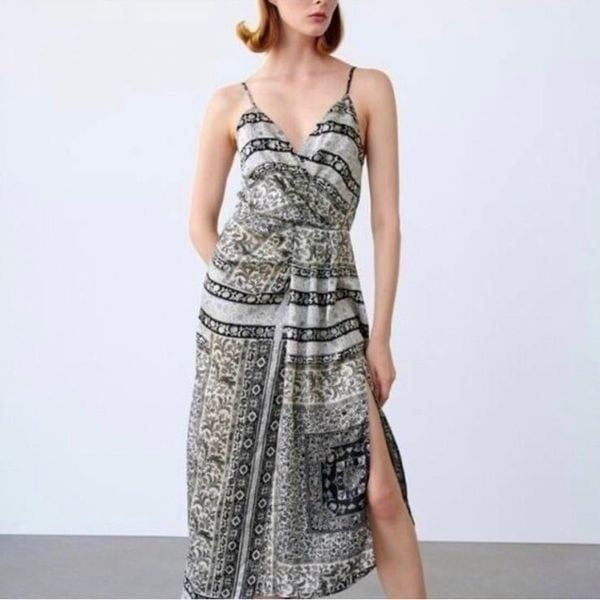 ZARA | Scarf Print Black & White Wrap Style Midi Dress Women’s Size Small
