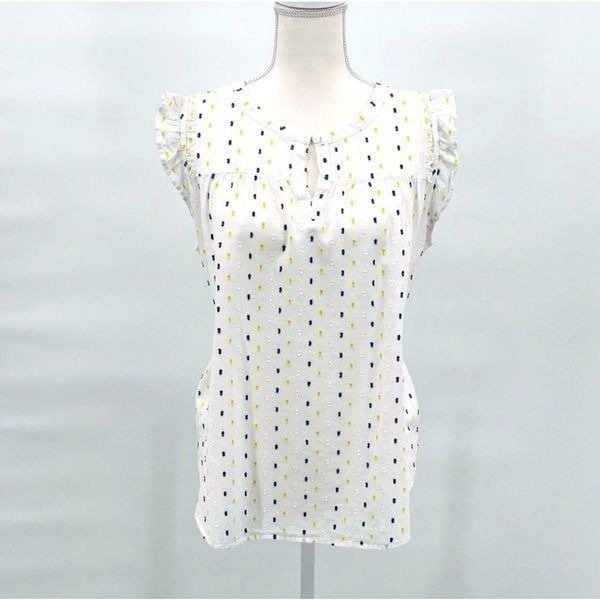 Lott Top Blouse White Blue Yellow Cotton Embroidered Size M