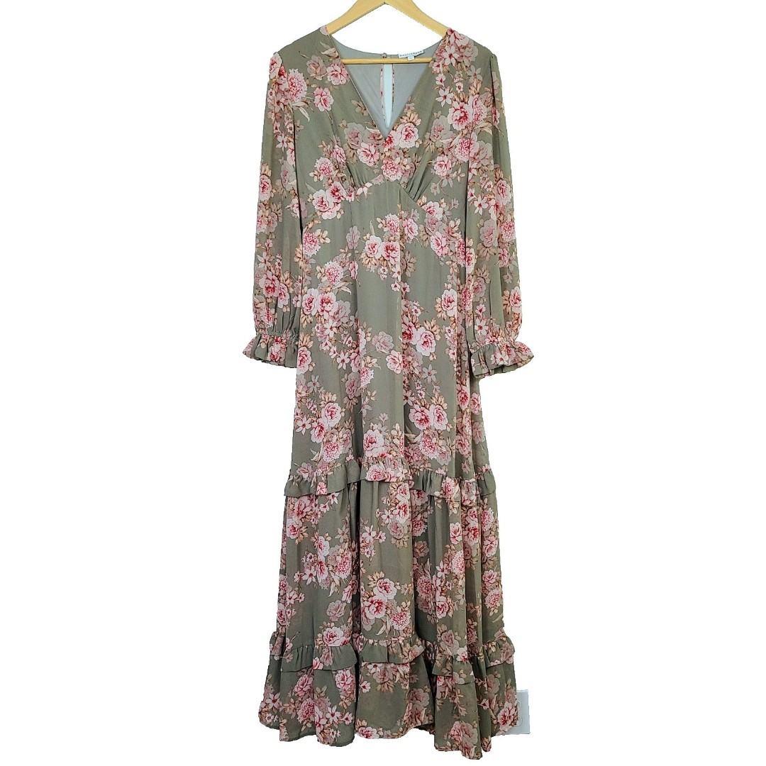 Baltic Born Giselle Dress L Gray Pink Floral Tiered Ruffle V-Neck Maxi Gown