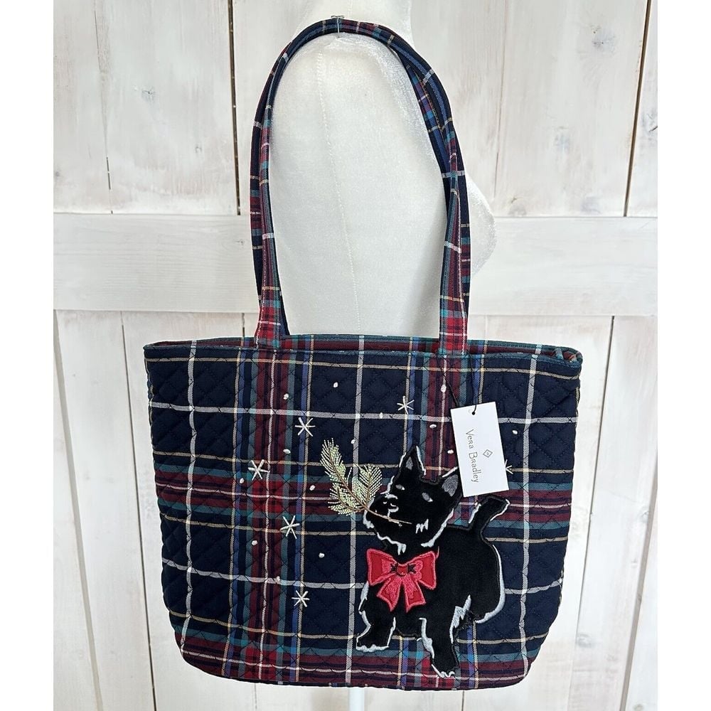 NWT Vera Bradley Small Vera Tote in Scottie Dog Navy Plaid Multi NWT Christmas