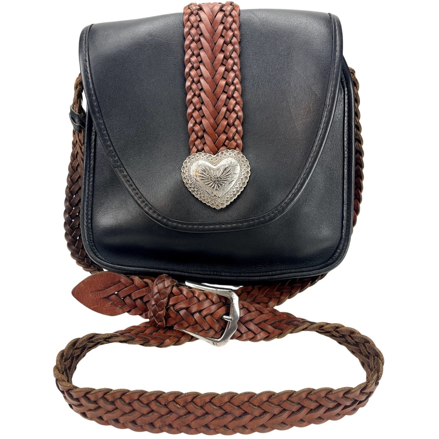 VTG BRIGHTON Smooth Leather Crossbody Handbag Brown Braided Strap Heart Concho