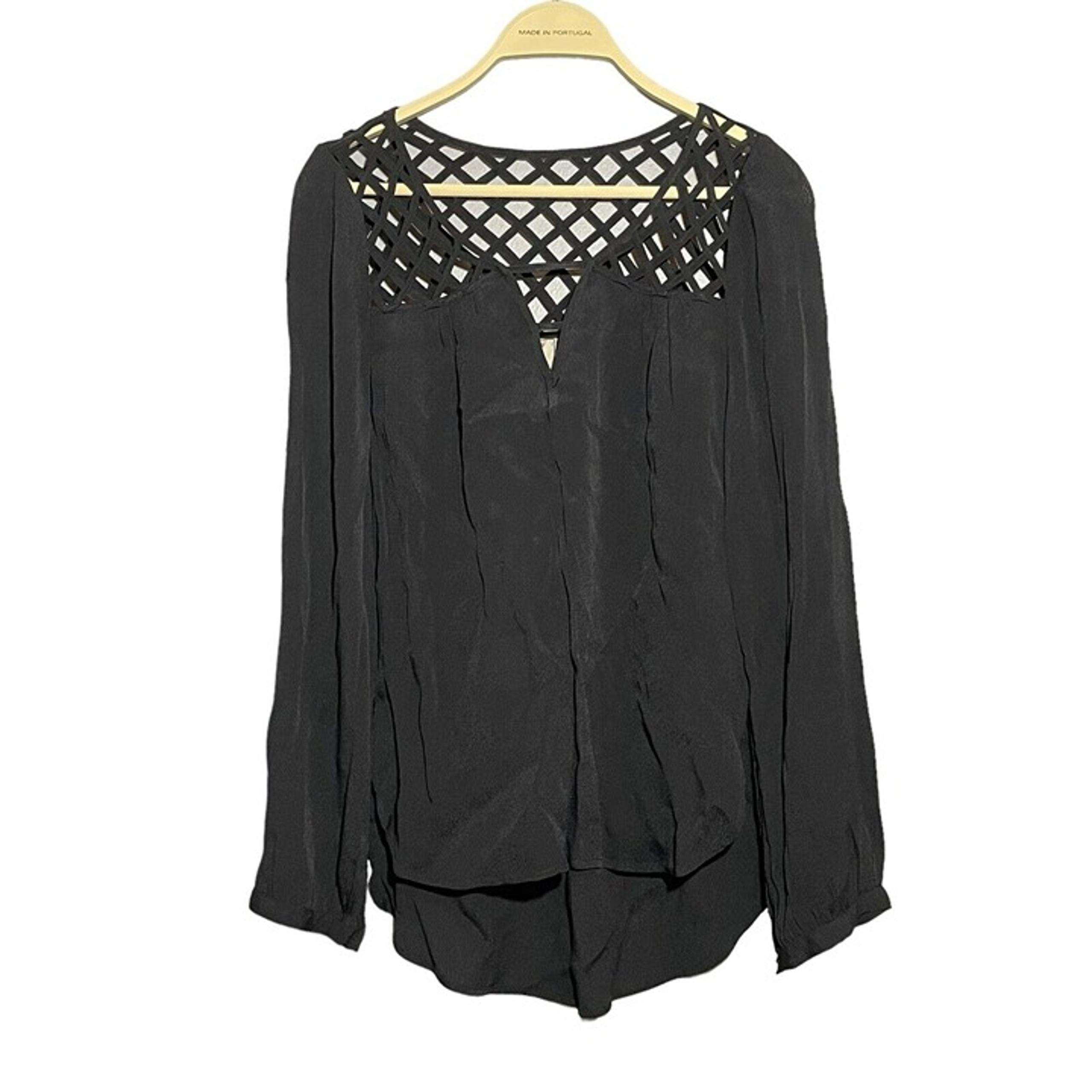 Yoana Baraschi Blouse Women Size XS Black Solid Vneck Crisscross Net Long Sleeve