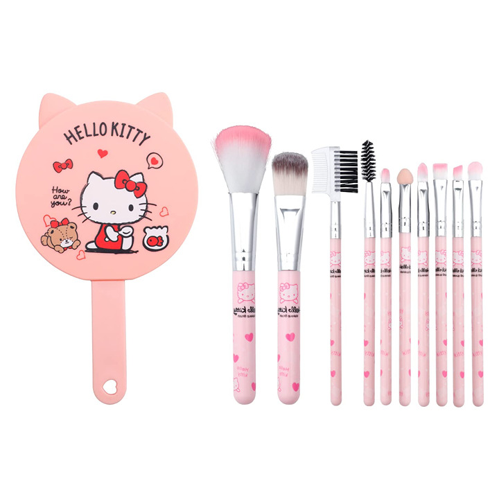 Kawaiil Kitty Makeup Brushes Set with Mirror Comb- 10pcs Kitty Cat Gift Makeup