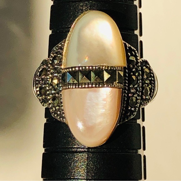 Vintage art deco mother of pearl and marcasite marquise size 6, S.S. 925