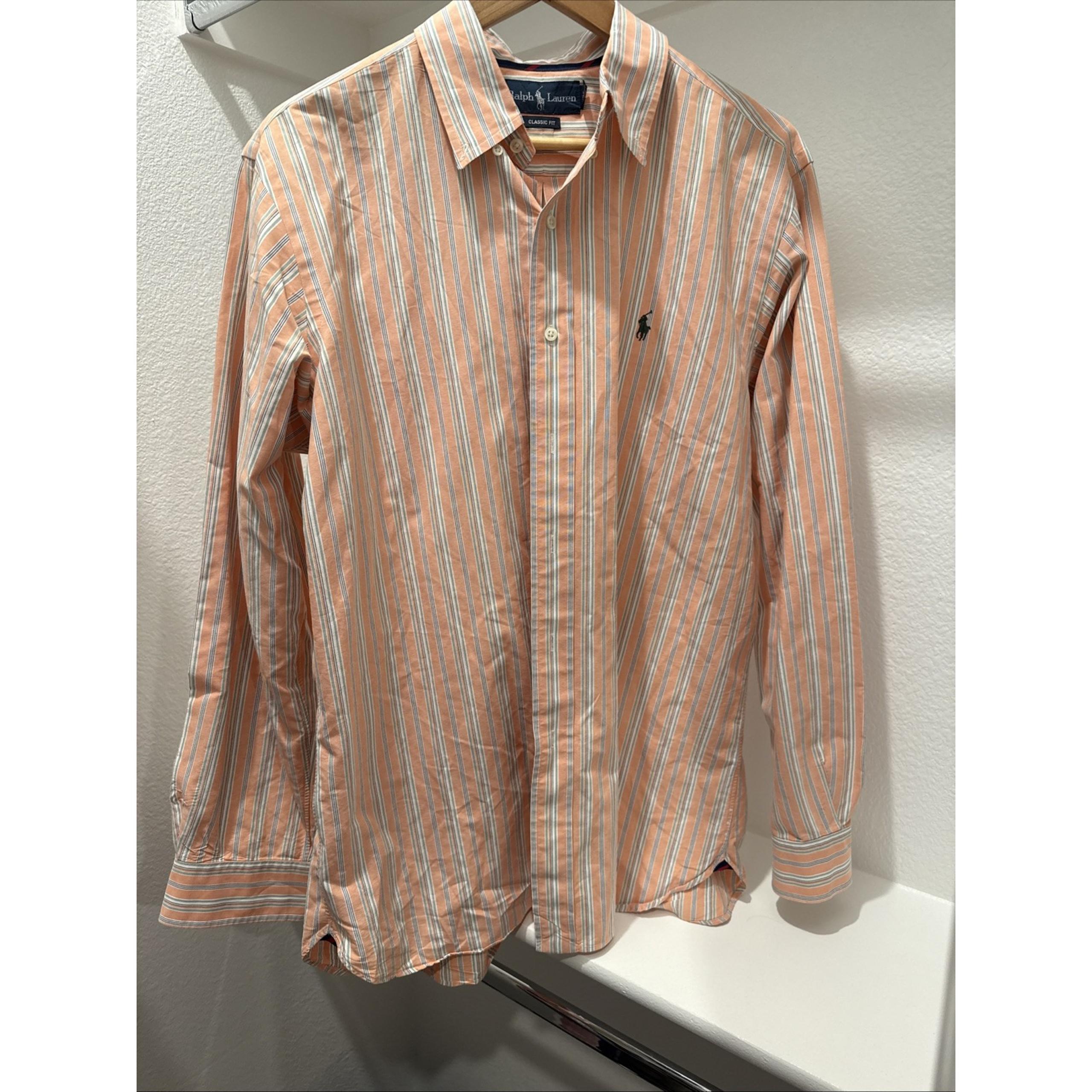 Men Polo Ralph Lauren Classic Fit Orange Striped Button Down Dress Shirt Size L