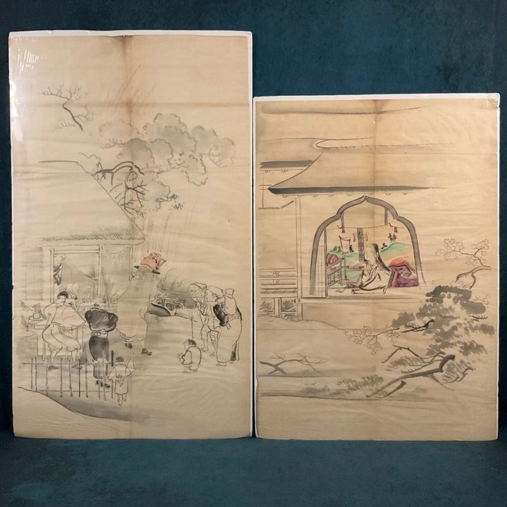 2 of Antique 19th C. Japanese Original Ink Watercolor TOBA-E Folk Art Paintings