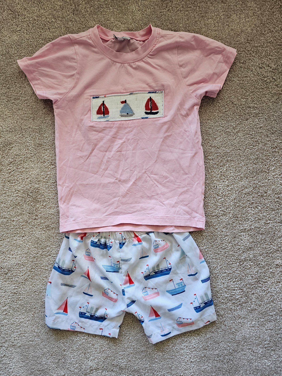 Toddler Boy Smocked Pink Beach Sailboat Short Set, 5T