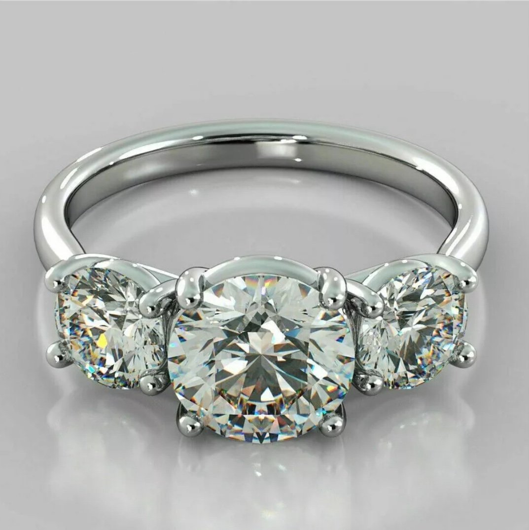 14K White Gold Plated Moissanite Three-Stone Engagement Ring