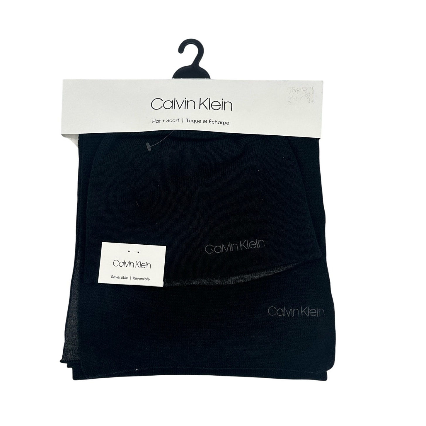 Calvin Klein Mens Black Logo Fitted Reversible With Scarf Winter Beanie Hat Cap