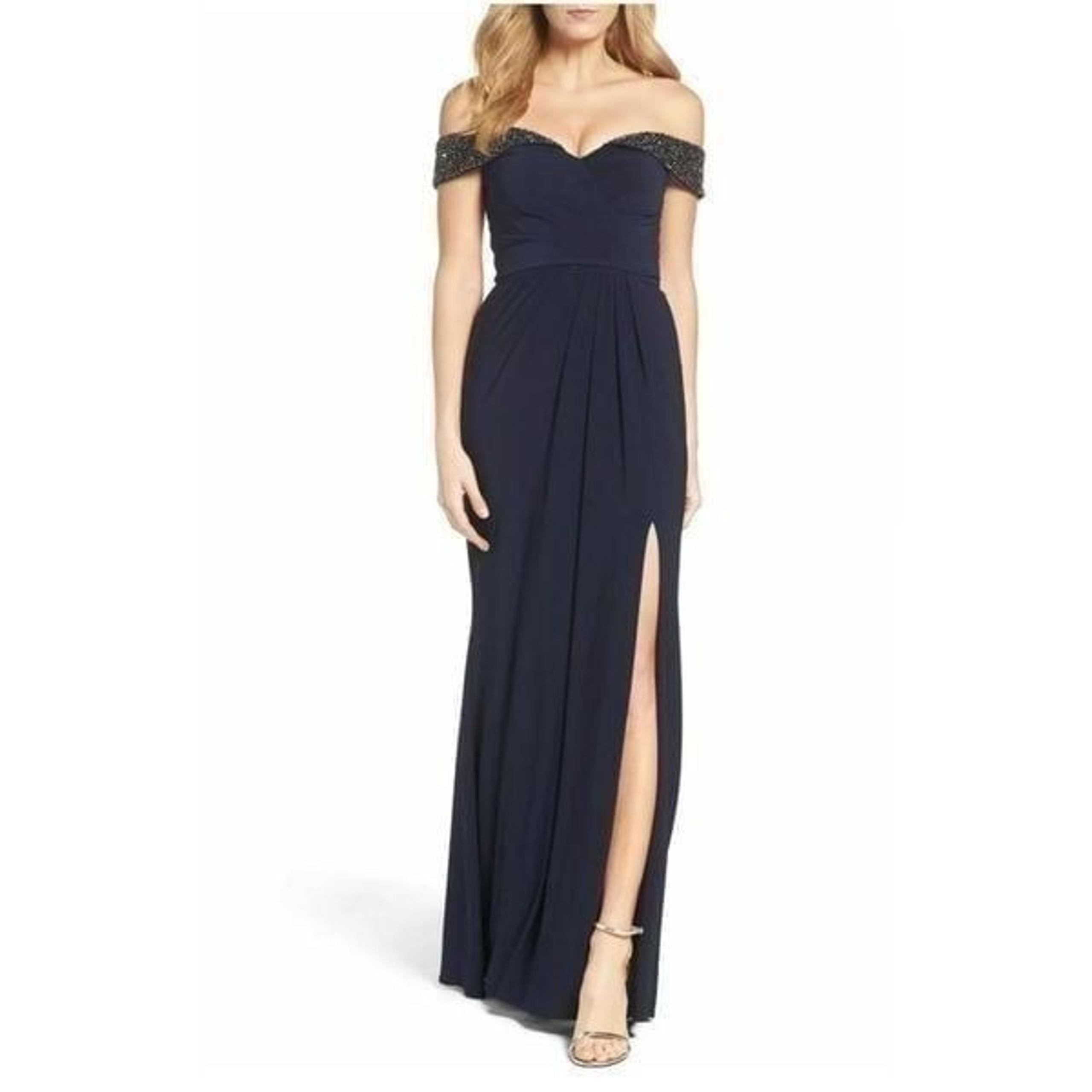 NWT XSCAPE Off-the-Shoulder Ruched Jersey Gown with Beading Size 4