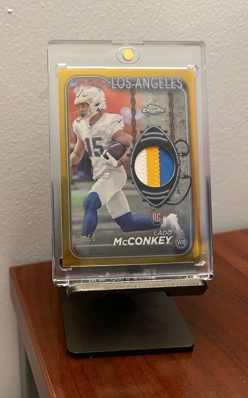 2024 Topps Chrome Ladd McConkey #CRR-LMC Gold Refractor /50 Rookie Relic 3 Color