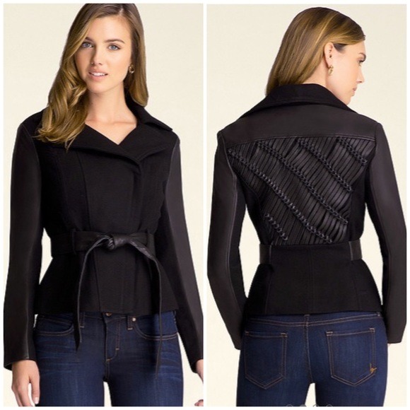 Black Braided Back Genuine Leather Wool Jacket