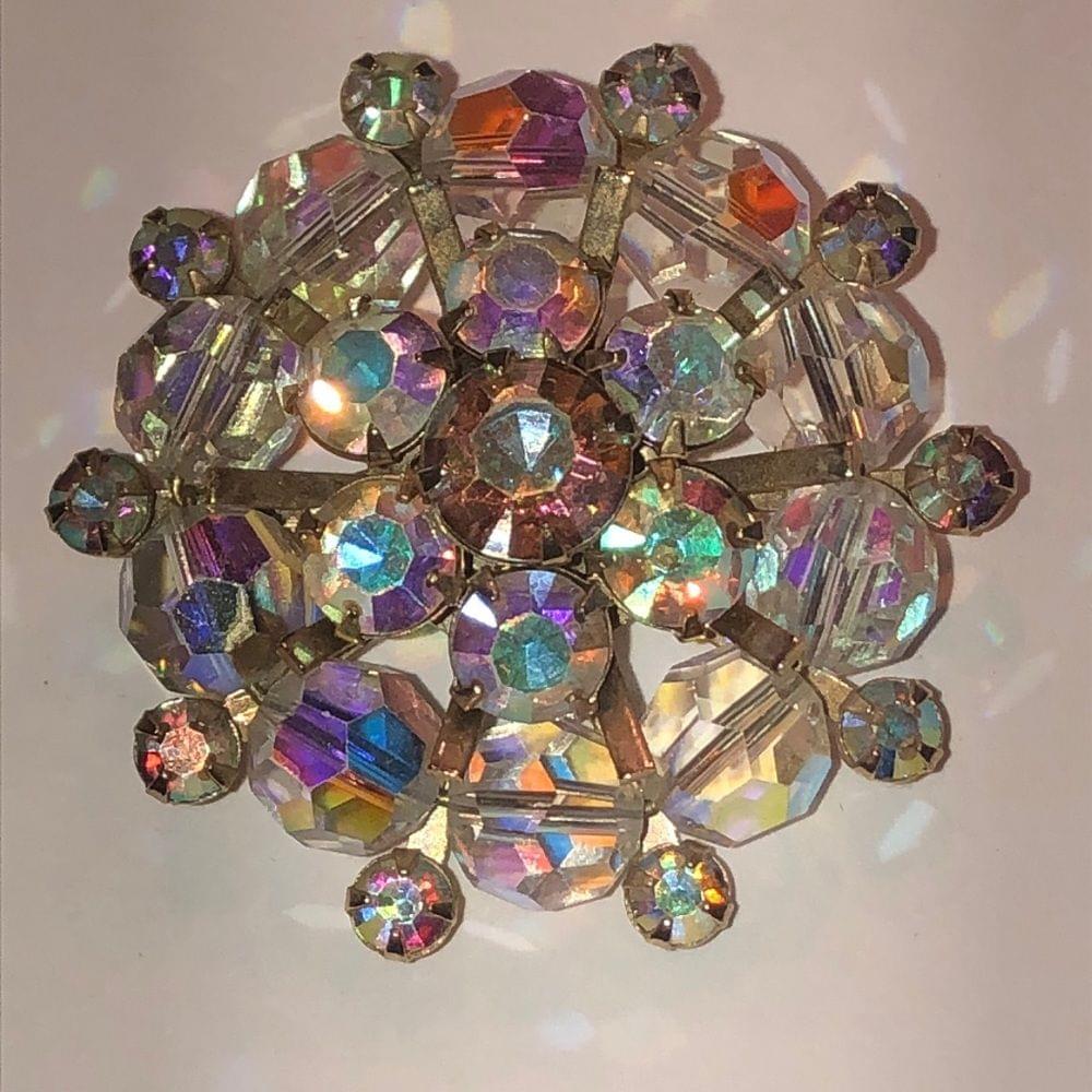 Vintage Round AB Rhinestone & Beads Beaded Brooch Shoulder Pin