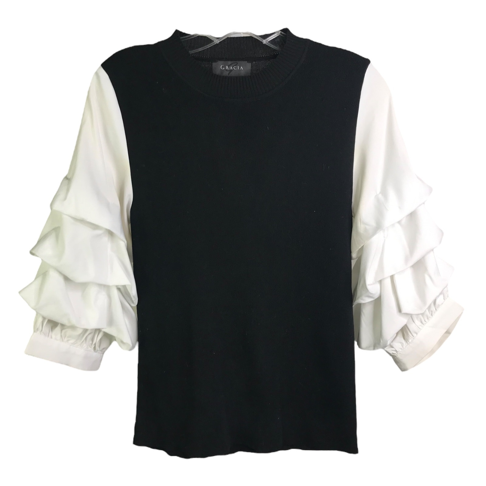 Gracia Sweater Womens S Black White Ruffled Balloon Long Sleeves Crew Neck Top