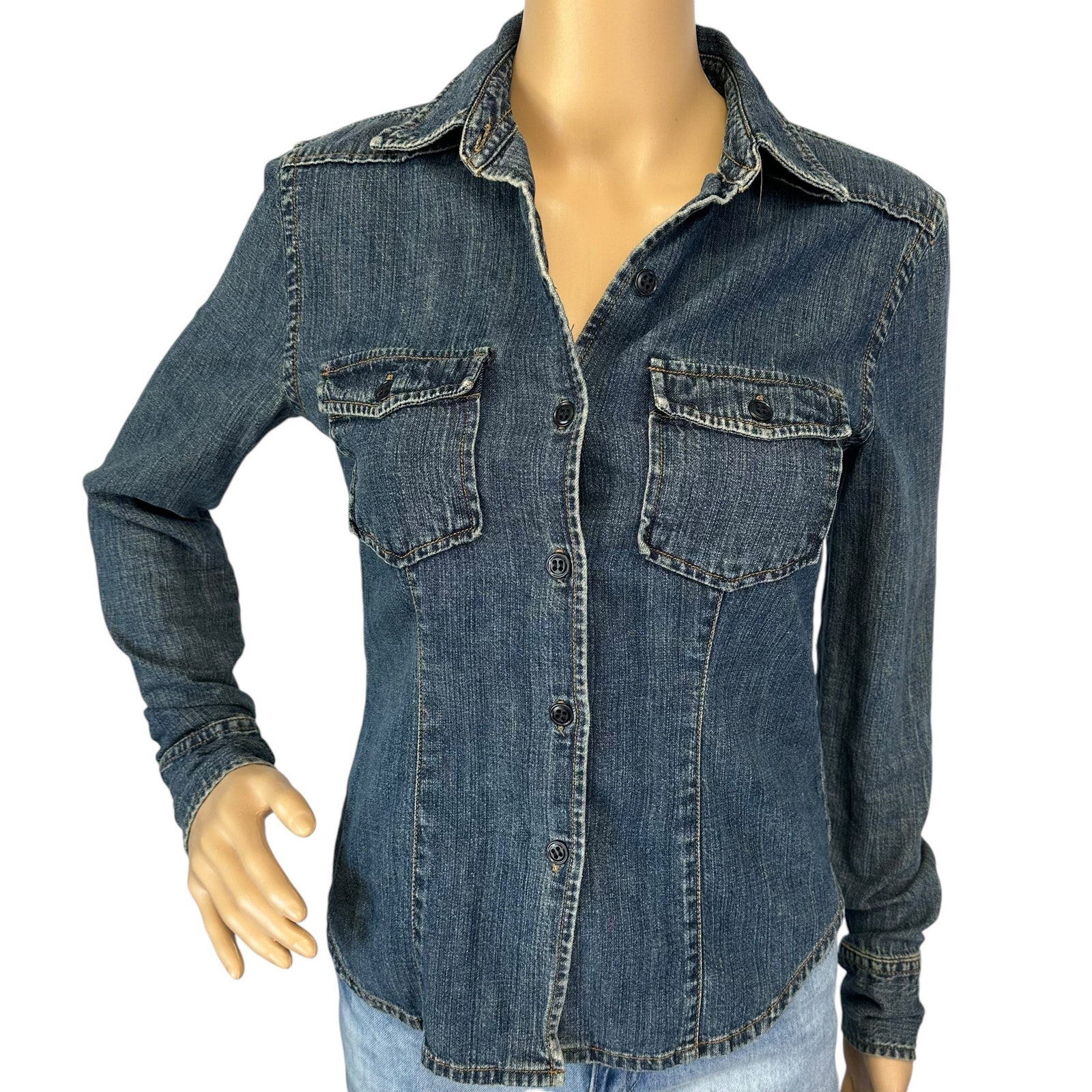 J. Crew Vintage Denim Blue Jean Shirt Size XS Button Up Pockets Collared Y2K 90s