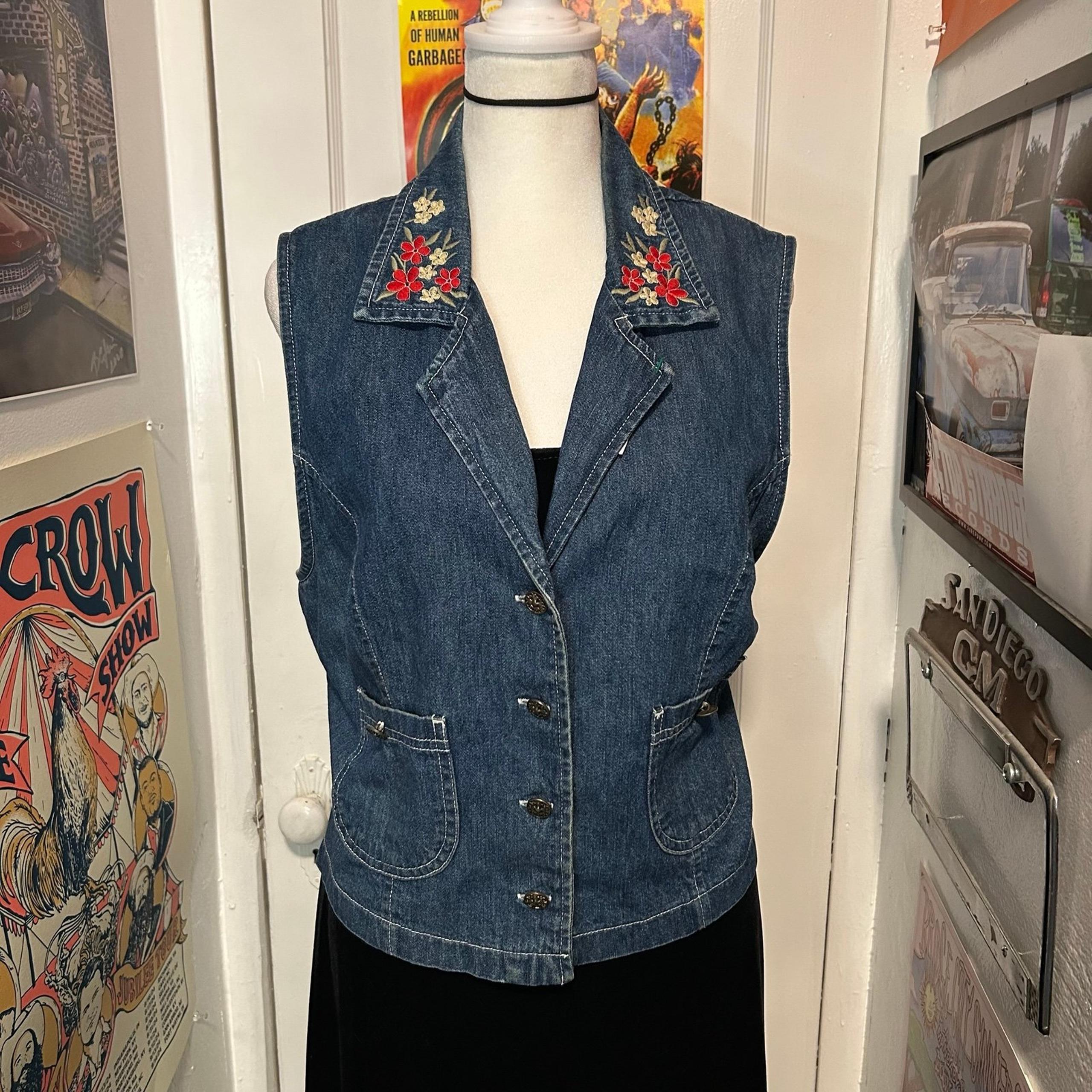 Vintage Studio Ease Blue Denim Cotton Floral Vest