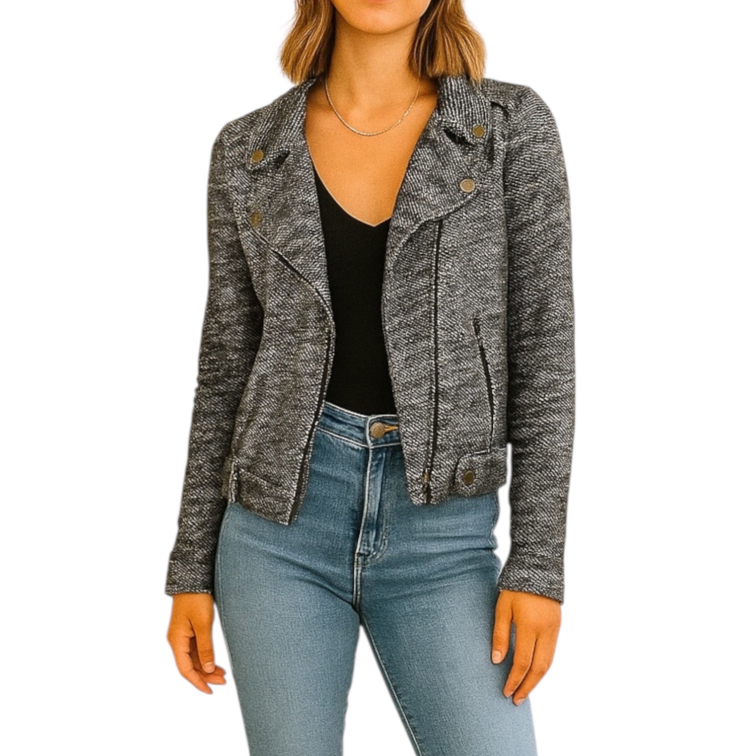 Lilla P Womens Black Moto Jacket Textured Knit Small Minimalist Rocker Streetwea