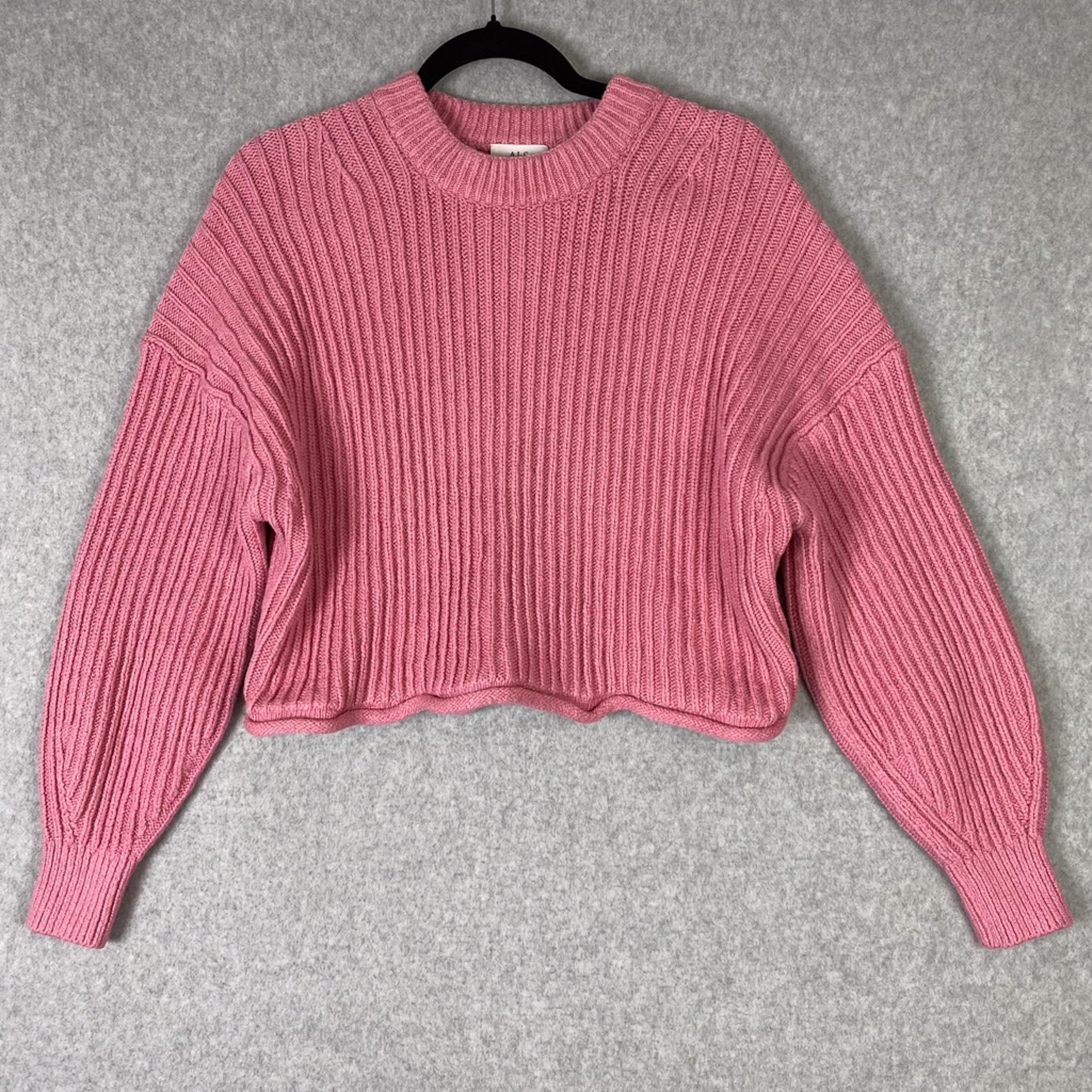 A.L.C. Womens S Lianne Knit Cropped Sweater in Pink Ribbed Cotton Cashmere Blend