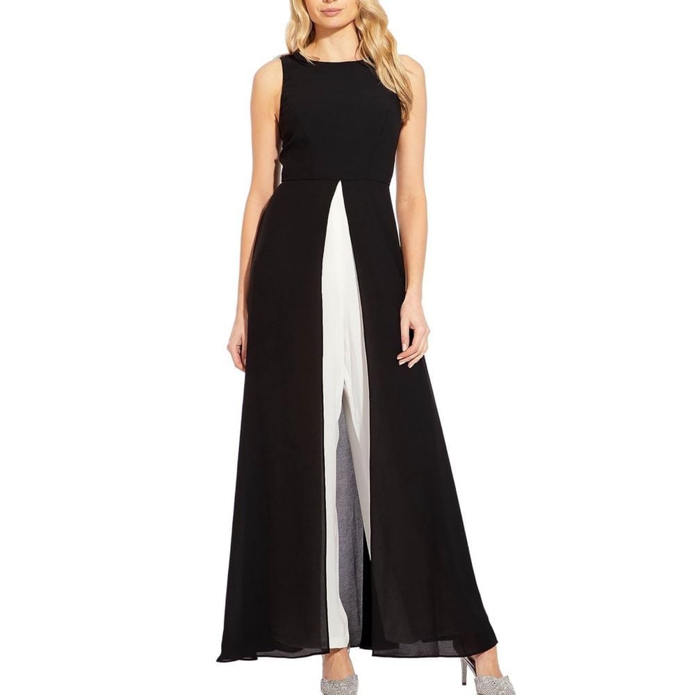 Adrianna Papell Black White Crepe Chiffon Overlay Formal Jumpsuit Size 6 NWT