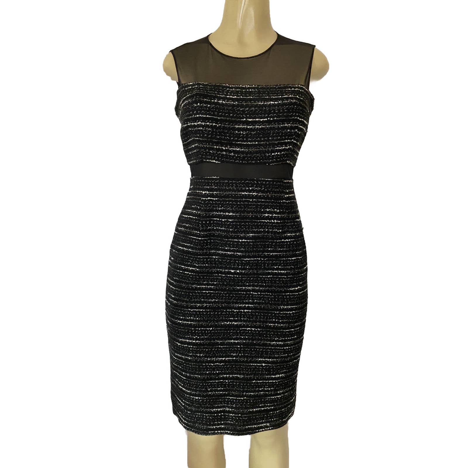 Rickie Freeman Teri Jon Dress Sheath Tweed Metallic Sleeveless Black Mesh 4 S